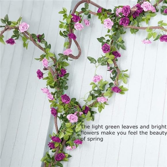 2PCS Artificial RoseVines Flowers Garland Hanging Silk Rose Vine Wedding,Fuchsia - Picture 3 of 6